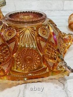 Wow! Vintage 1910s Imperial Glass Company-Ohio Fashion Marigold Punch Bowl Set