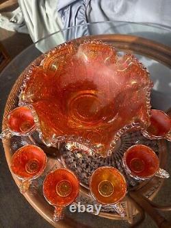 Wow! Vintage 1910s Imperial Glass Company-Ohio Fashion Marigold Punch Bowl Set