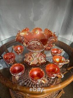 Wow! Vintage 1910s Imperial Glass Company-Ohio Fashion Marigold Punch Bowl Set