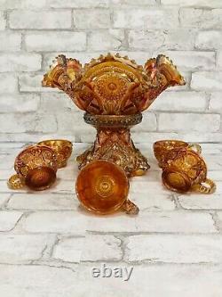 Wow! Vintage 1910s Imperial Glass Company-Ohio Fashion Marigold Punch Bowl Set