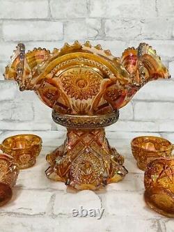 Wow! Vintage 1910s Imperial Glass Company-Ohio Fashion Marigold Punch Bowl Set