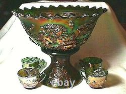 Wreath Of Roses Punch Set, Green, Persian Medallion Interior, Carnival Glass