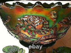 Wreath Of Roses Punch Set, Green, Persian Medallion Interior, Carnival Glass